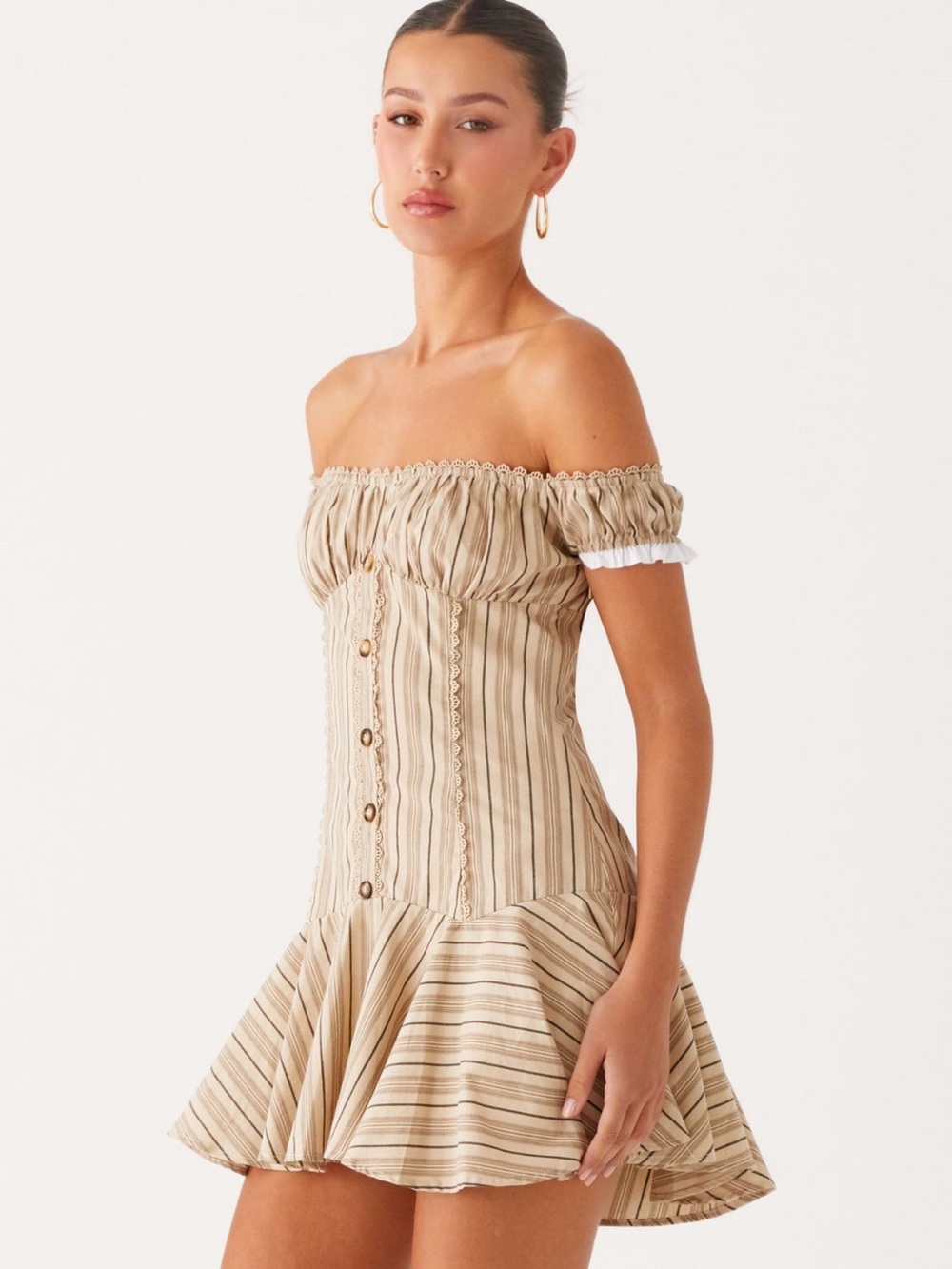 NWT Peppermayo Beige Striped Off-Shoulder Mini Dress Size 6 - Picture 2 of 5